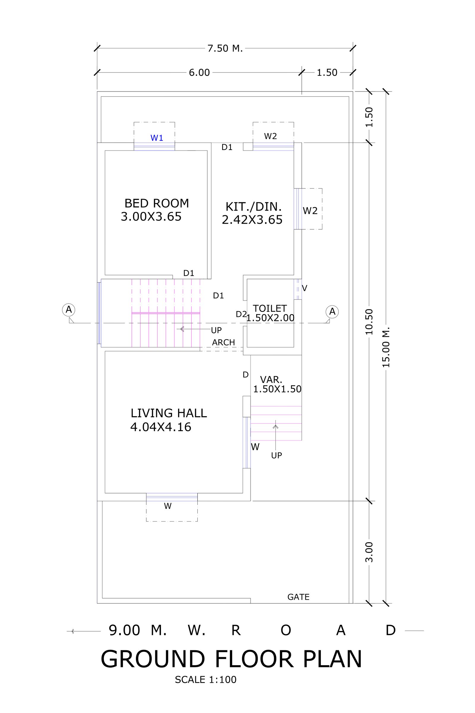 19x32 house plan of 600 square feet
