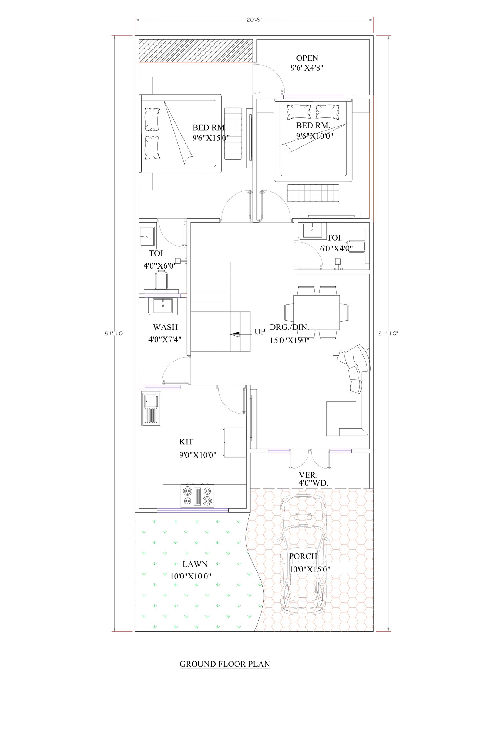 20x51 1000 sqft house plan