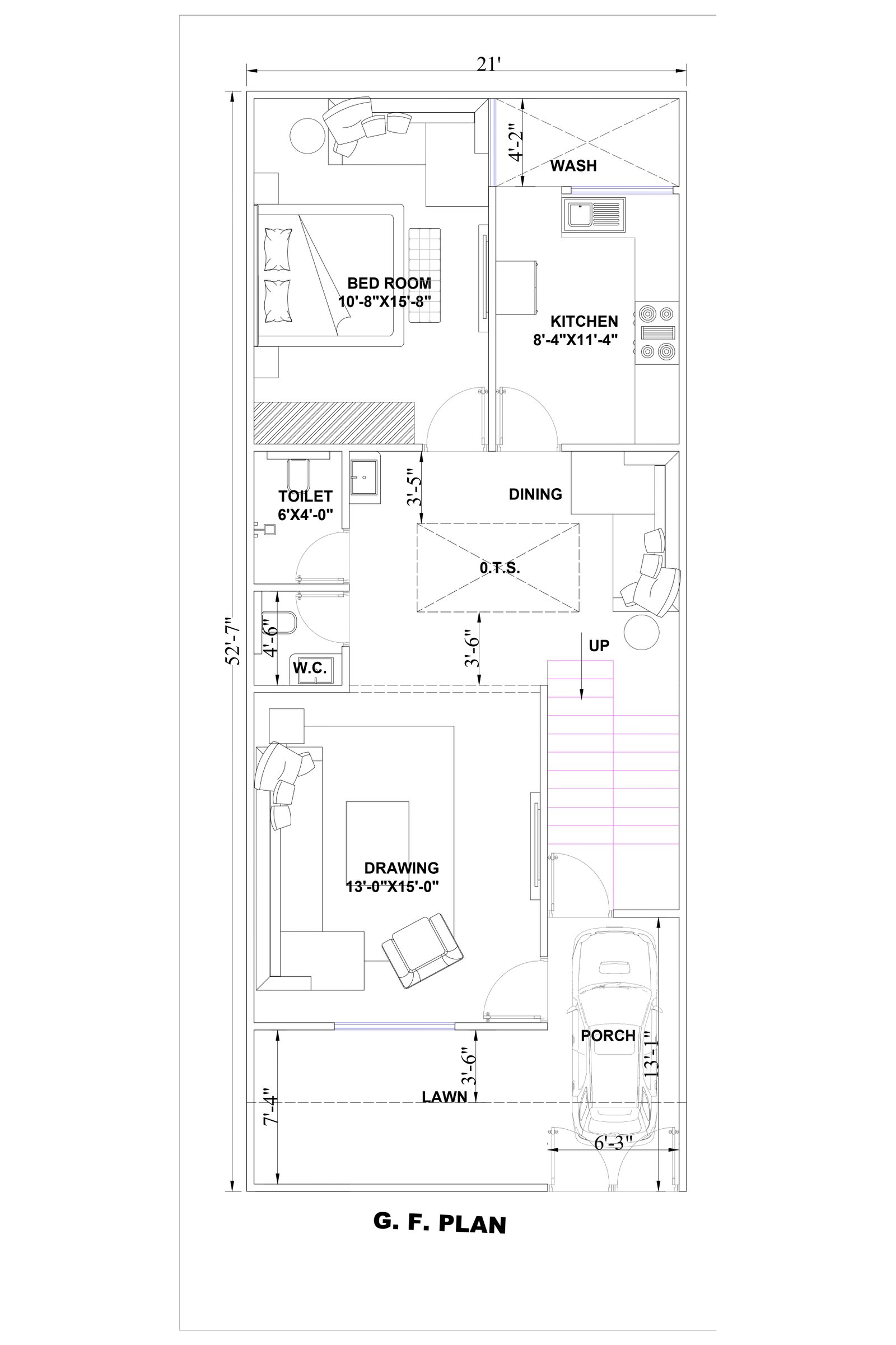 21x52 1 bhk house plan