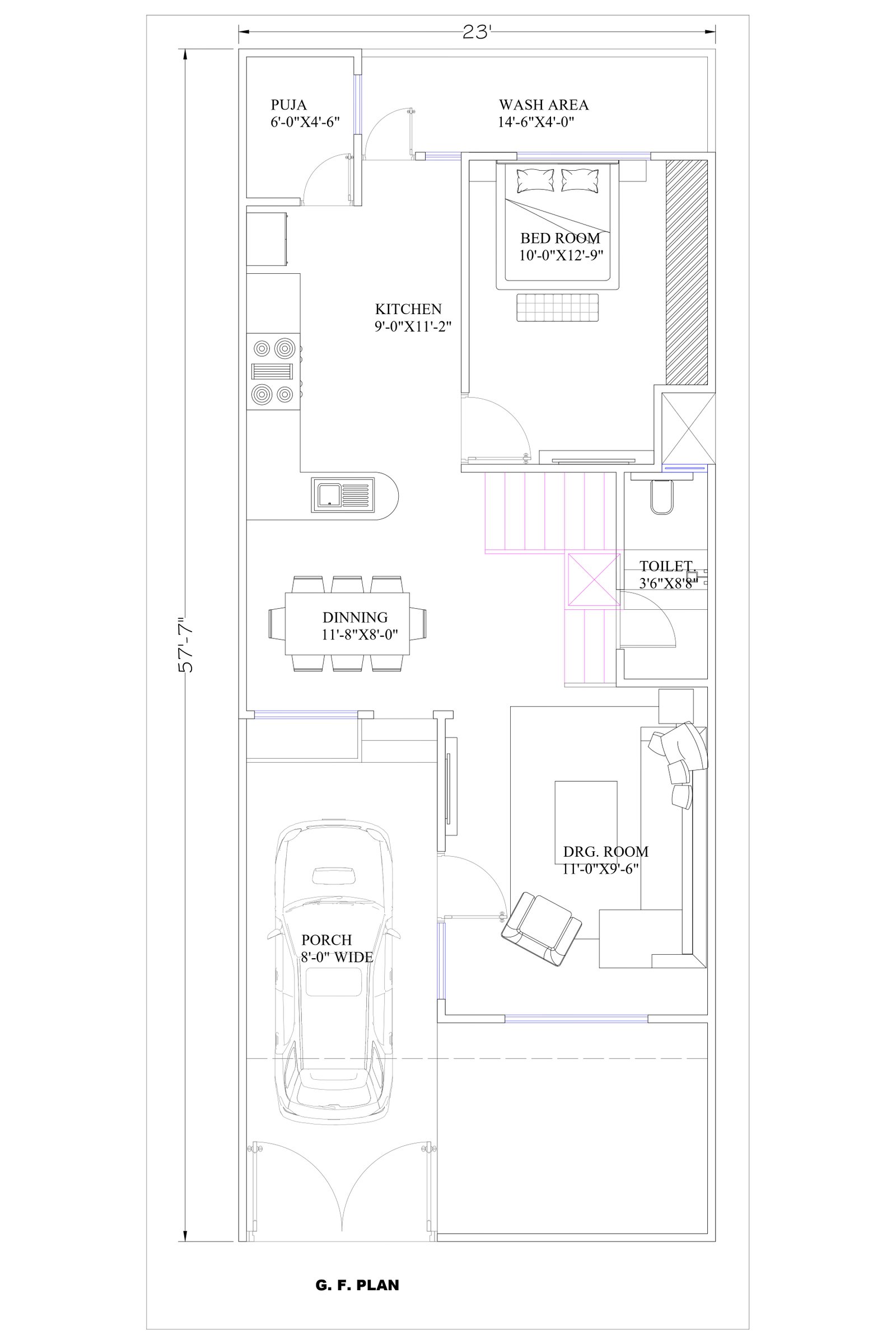 23x57 traditional home plans