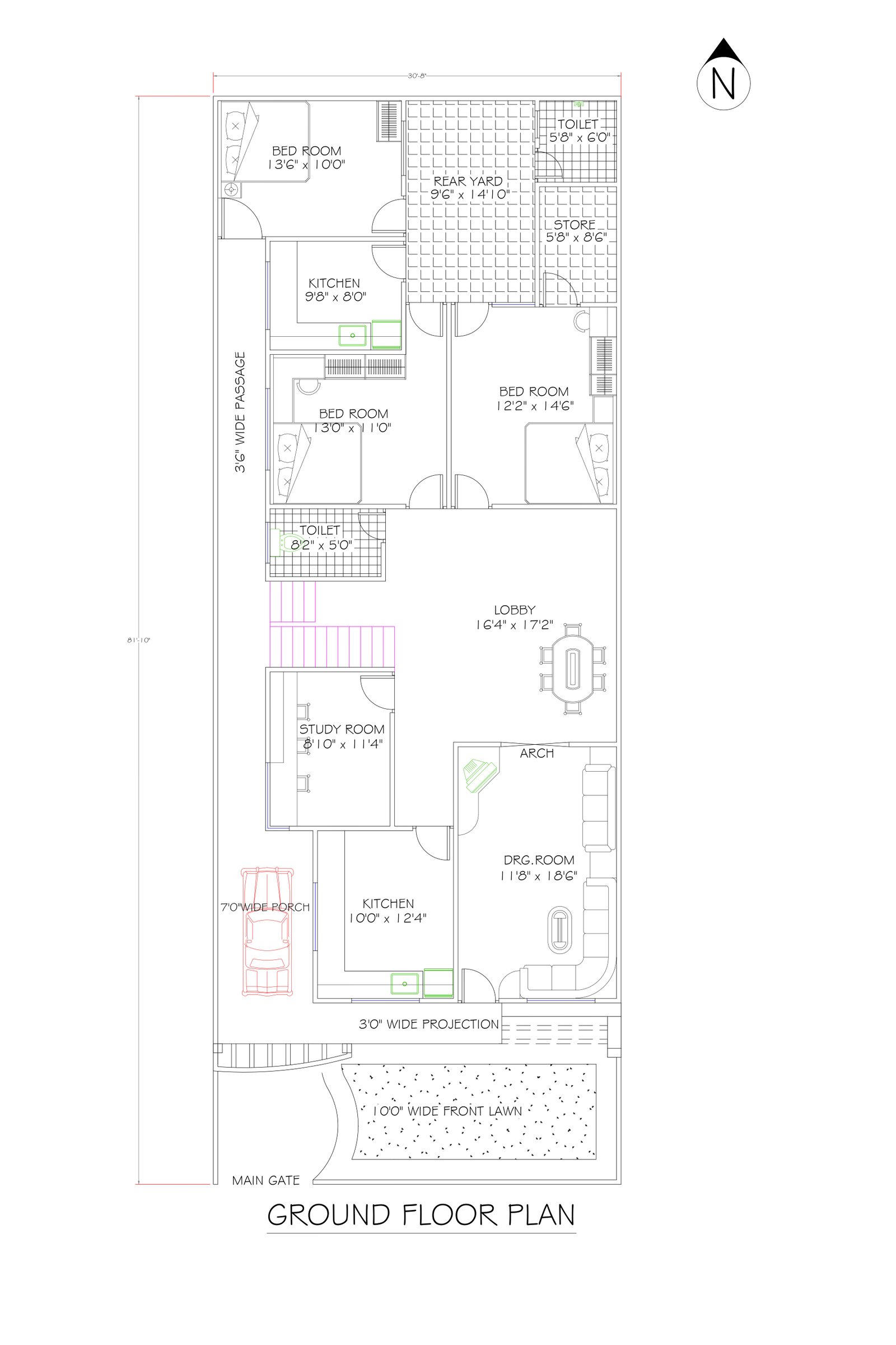 30X81 3 bedroom kerala house plans