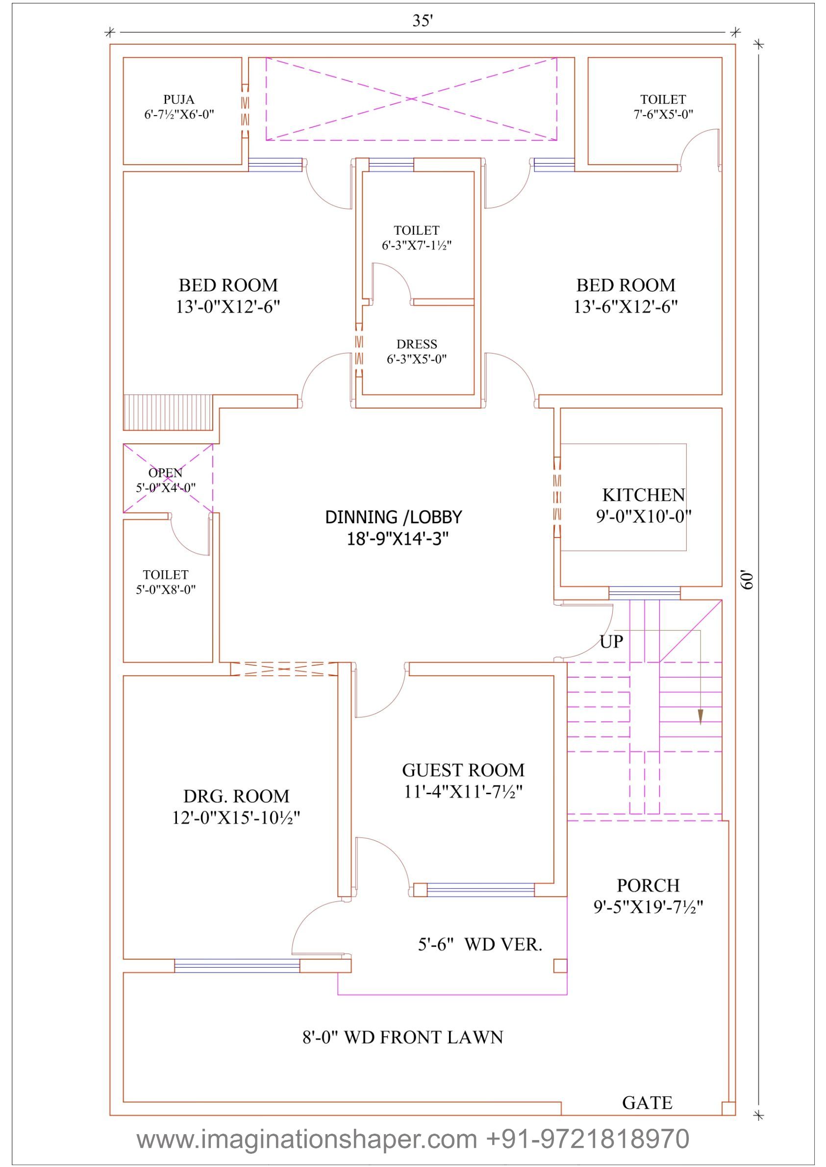 35x60 3 bhk house plan
