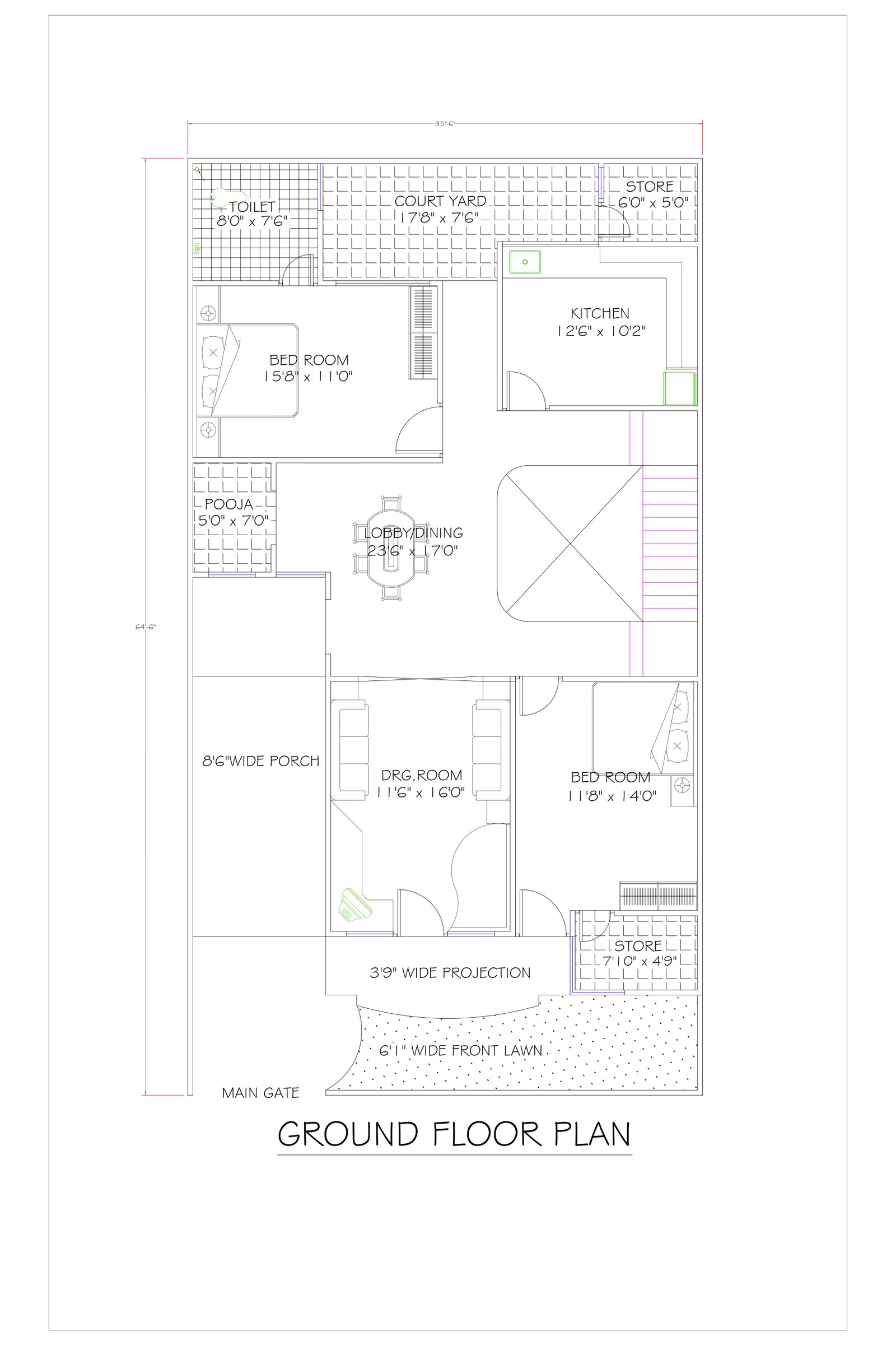 35x64 single floor house plan