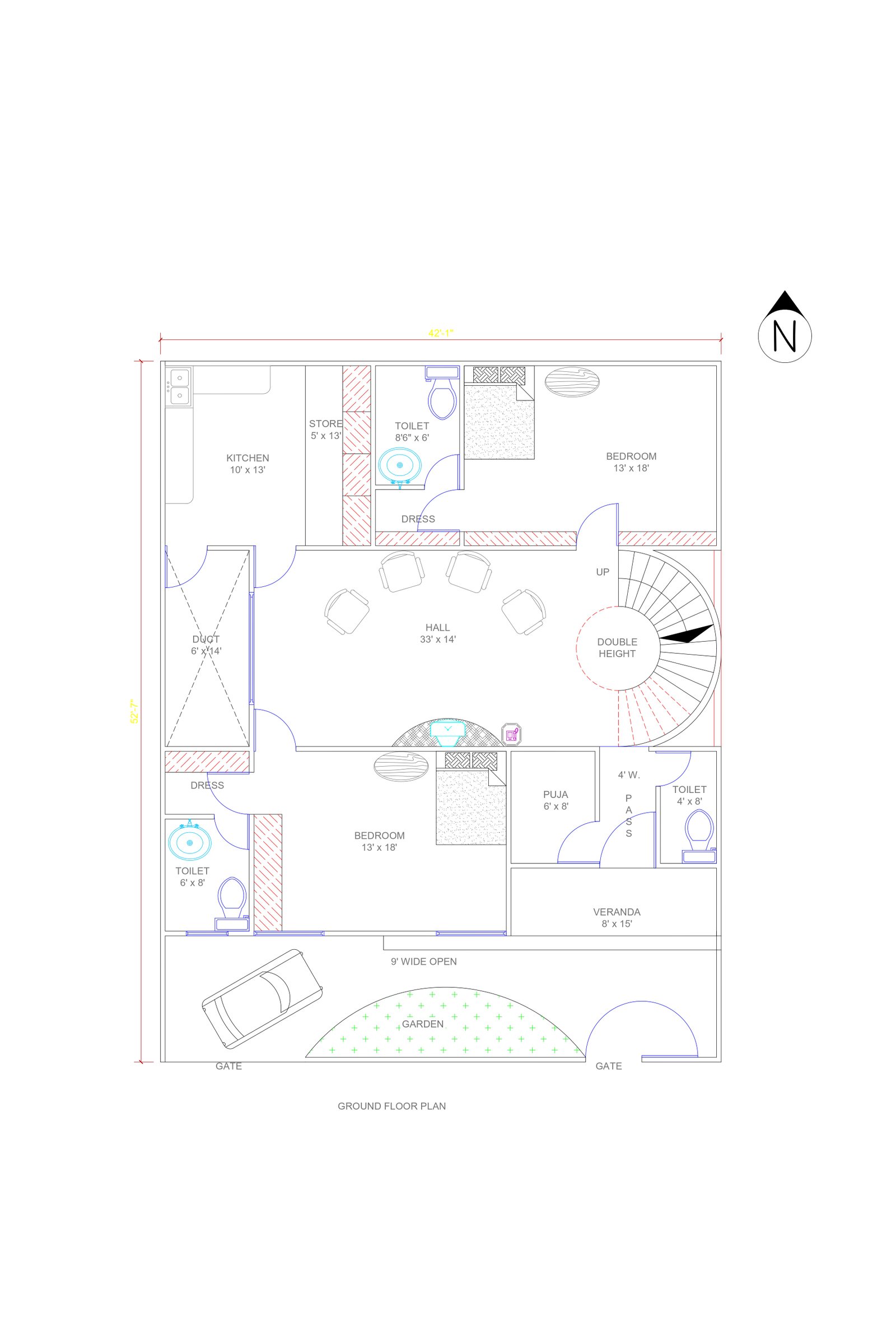 42x52 Single floor house plan