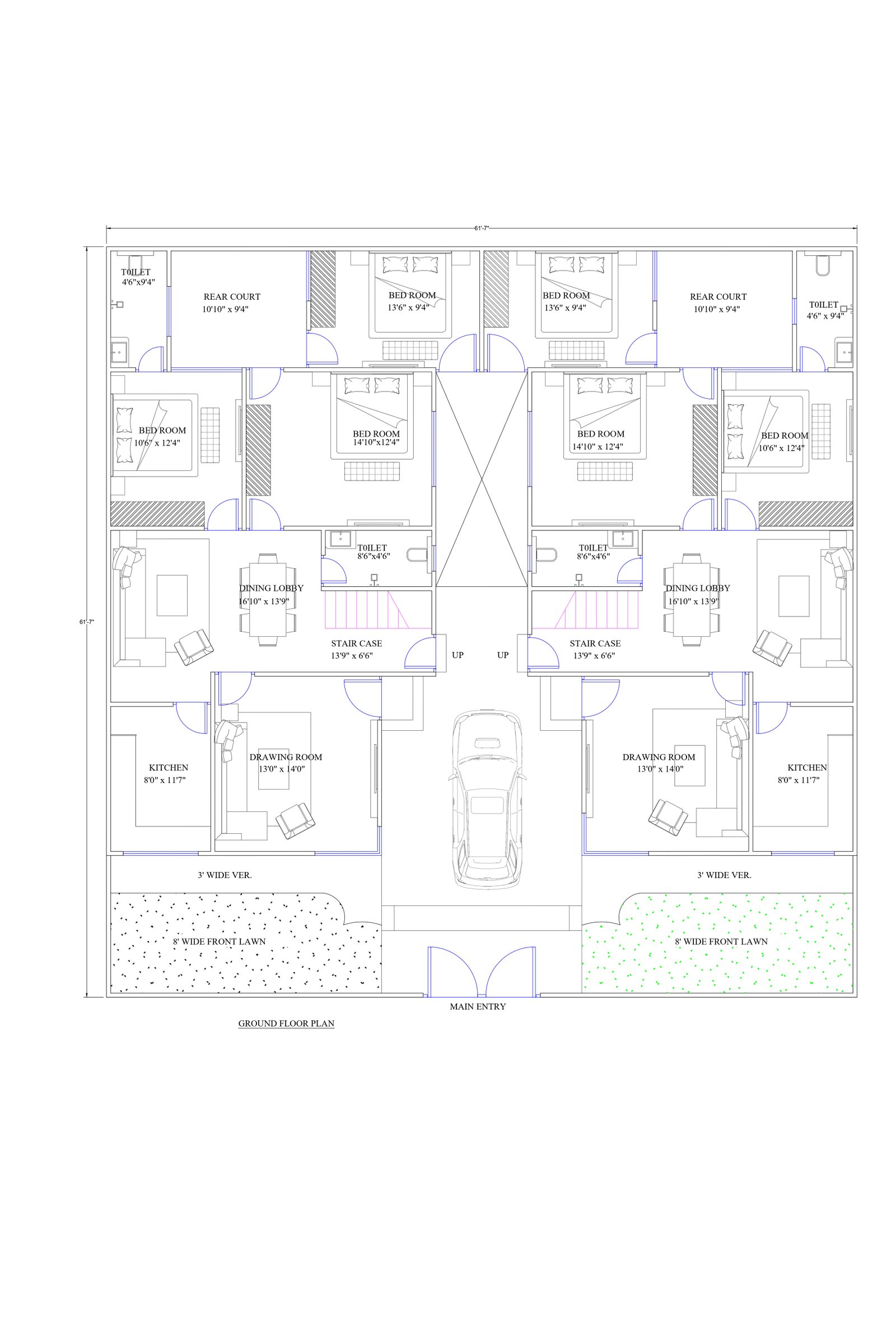 61x61 6 bedroom home plans